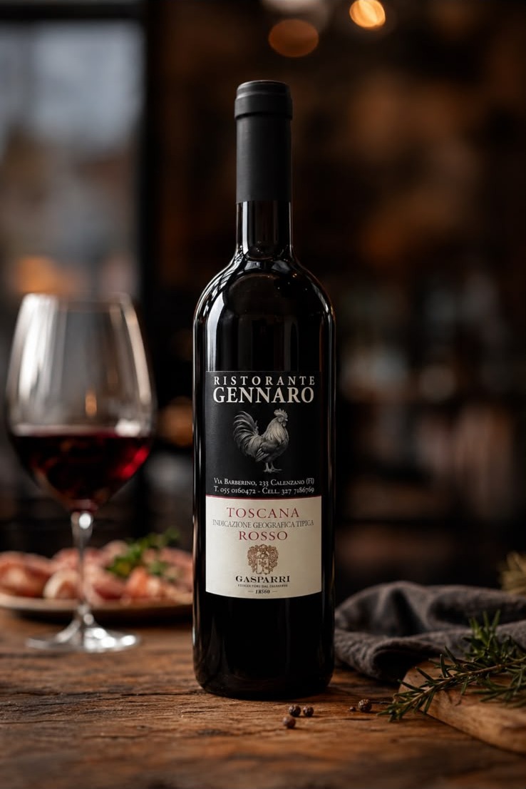 Bottiglia di vino Toscana Rosso Ristorante Gennaro, cantina Gasparri